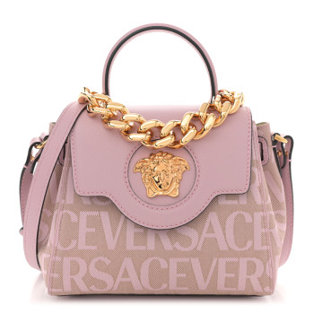 VERSACE Calfskin Canvas Allover La Medusa Small Top Handle Handbag Pink