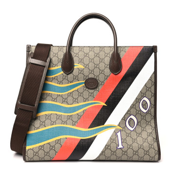 GUCCI GG Supreme Monogram Textured Dollar Calfskin Equestrian Medium Retro Interlocking G Tote Bag Beige Ebony Multicolor New Acero