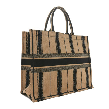 CHRISTIAN DIOR Canvas Embroidered Large Bayadere Book Tote Black Beige