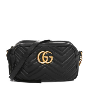 GUCCI Calfskin Matelasse Small GG Marmont Chain Shoulder Bag Black