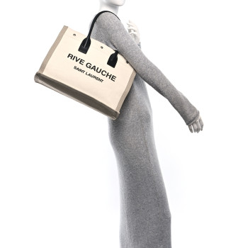 SAINT LAURENT Linen Calfskin Small Rive Gauche Tote Optic White