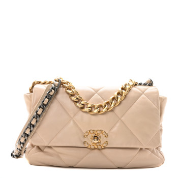 CHANEL Lambskin Quilted Large Chanel 19 Flap Beige