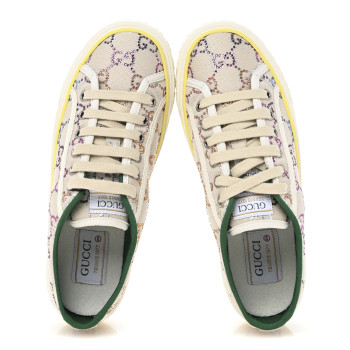 GUCCI Canvas Lame Crystal GG Monogram Womens 1977 Tennis Sneakers 37.5 Gardenia Silver Mystic White