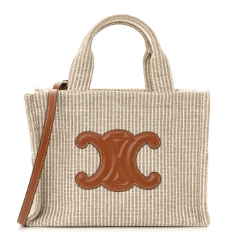 CELINE Canvas Calfskin Striped Triomphe Small Cabas Beige