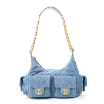CHANEL Washed Denim Quilted Large Trendy Pockets Hobo Blue