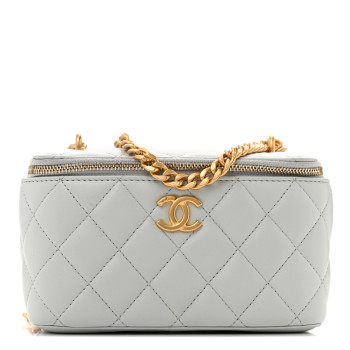 CHANEL Lambskin Quilted Sweet Camellia Small Vanity Case With Chain Light Green