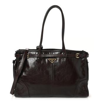 PRADA Glossy Calfskin Triangle Large Bonnie Shoulder Bag Dark Brown