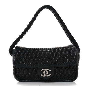 CHANEL Lambskin Crochet Embroidered Shoulder Bag Black
