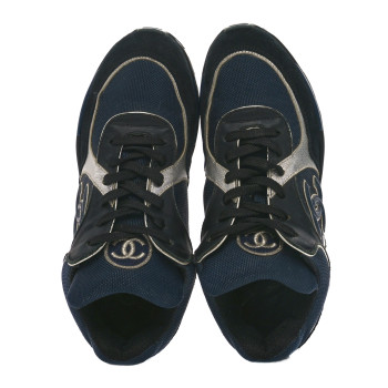 CHANEL Mesh Suede Calfskin Womens CC Sneakers 36 Dark Blue Black Silver
