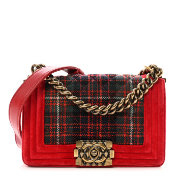 CHANEL Velvet Plaid Tartan Small Boy Flap Red