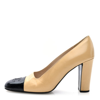 CHANEL Lambskin Cap Toe CC Pumps 36.5 Beige Black
