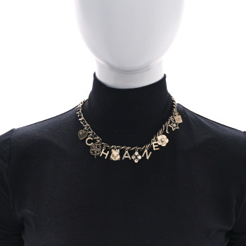CHANEL Lambskin Crystal CC Logo Charming Necklace Gold Black