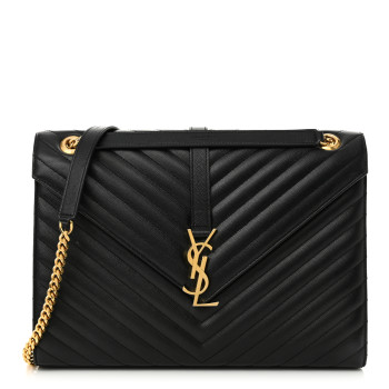 SAINT LAURENT Grain De Poudre Matelasse Chevron Large Monogram Satchel Black