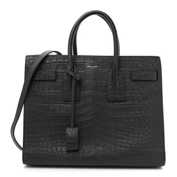 SAINT LAURENT Calfskin Crocodile Embossed Small Sac De Jour Fog