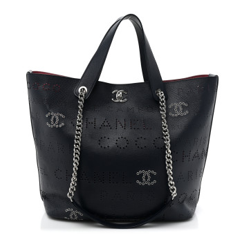 CHANEL Calfskin Tweed Small Logo Eyelets Shopping Tote Navy Blue