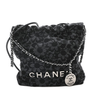 CHANEL Denim Quilted Floral Print Mini Chanel 22 Black Grey