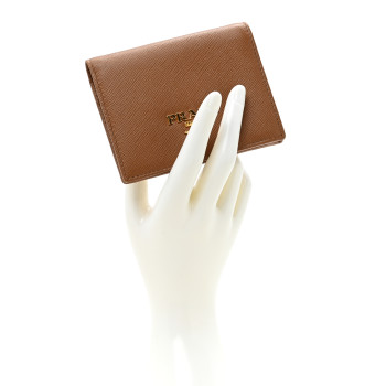 PRADA Saffiano Metal Compact Snap Bi-Fold Wallet Caramel