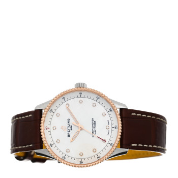 BREITLING Stainless Steel 18K Rose Gold Alligator Diamond Mother of Pearl 32mm Navitimer Quartz Watch U77320