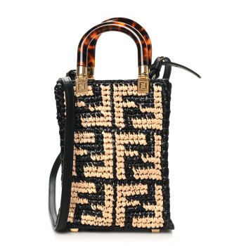 FENDI Raffia Plexiglass Crochet Mini Sunshine Shopper Tote Black