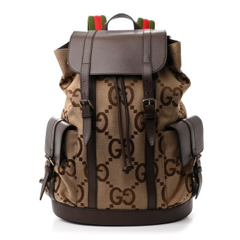 GUCCI Monogram Jumbo GG Textured Dollar Calfskin Web Double Buckle Backpack Camel Ebony New Acero