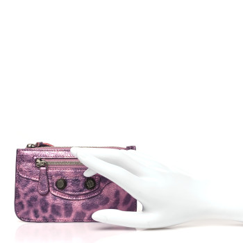 BALENCIAGA Metallic Agneau Leopard Print Le Cagole Coin Card Holder Pink