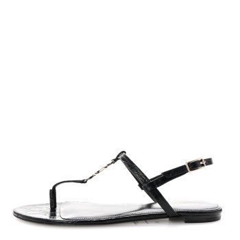 SAINT LAURENT Calfskin Crocodile Embossed Cassandra Monogram Sandals 37 Black