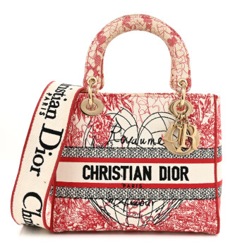 CHRISTIAN DIOR Canvas Embroidered Medium Dioramour D-Royaume Lady D-Lite Red Multicolor