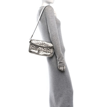 FENDI Vitello Catalan Mirror FF 1974 Embossed Baguette Argento