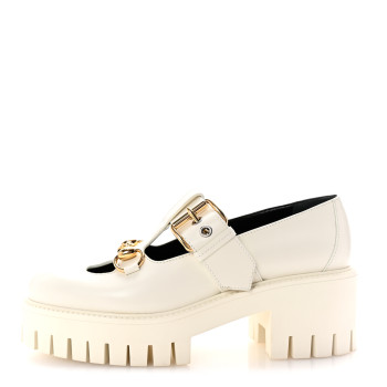 GUCCI Cordovan Lux Womens Horsebit Platform Mary Jane Loafers 37.5 Off White