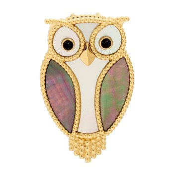 VAN CLEEF & ARPELS 18K Yellow Gold Grey White Mother of Pearl Black Onyx Lucky Animals Owl Brooch