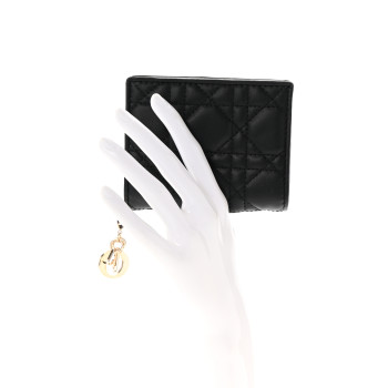CHRISTIAN DIOR Lambskin Cannage Small Lady Dior Flap Card Holder Black
