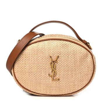SAINT LAURENT Raffia Calfskin Round Camera Bag Golden Ecru Brick