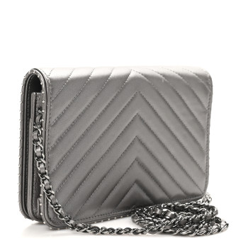 CHANEL Lambskin Chevron Quilted Studded Wallet On Chain WOC Dark Silver
