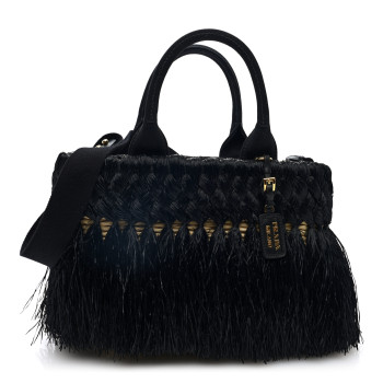 PRADA Wicker Woven Straw Fringe Convertible Basket Bag Black Naturale