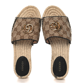GUCCI Monogram Matelasse GG Marmont Espadrille 20mm Slide Sandals 37.5 Beige Ebony Black