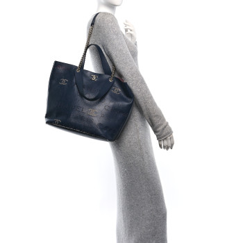 CHANEL Calfskin Tweed Small Logo Eyelets Shopping Tote Navy Blue