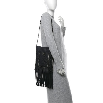 CHANEL Calfskin Quilted Fringe Small Shopping Bag Black