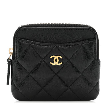 CHANEL Caviar Quilted Zip Card Holder Wallet Black
