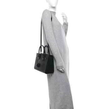 SAINT LAURENT Calfskin Crocodile Embossed Baby Sac De Jour Black