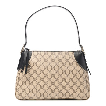 GUCCI GG Supreme Monogram Textured Calfskin Medium Emblem Shoulder Bag Beige Dark Brown Black