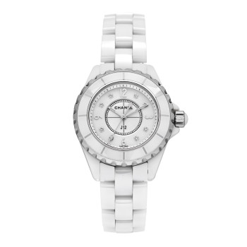 CHANEL Stainless Steel Ceramic Diamond Mother of Pearl 33mm J12 Quartz Watch White
