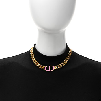 CHRISTIAN DIOR Metal CD Choker Necklace Gold Pink