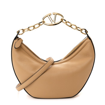 VALENTINO GARAVANI Grainy Calfskin Small Vlogo Moon Hobo Bag Cappuccino