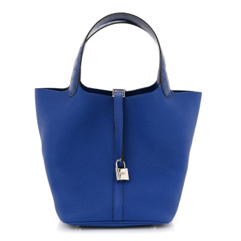 HERMES Taurillon Clemence Ostrich Touch Picotin Lock 22 Bleu Electrique
