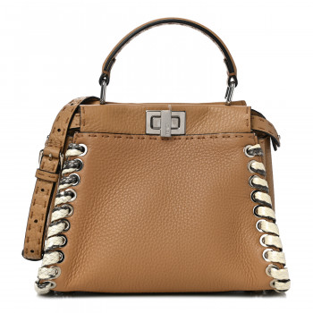 FENDI Cuoio Romano Selleria Elaphe Lace Up Mini Peekaboo Iconic Satchel Miele Scuro Natural