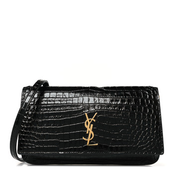 SAINT LAURENT Crocodile Embossed Monogram Phone Holder Crossbody Black