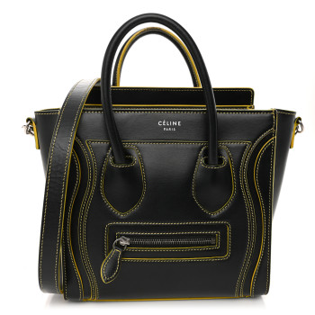CELINE Satin Calfskin Nano Debossed Luggage Black Yellow