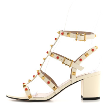 VALENTINO GARAVANI Calfskin Rockstud 60mm City Sandals 37 Ivory Coral Red
