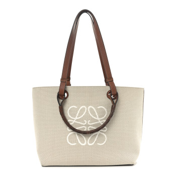 LOEWE Canvas Calfskin Small Anagram Tote Ecru Tan