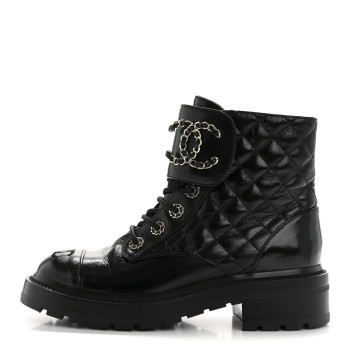 CHANEL Shiny Lambskin Quilted Lace Up Combat Boots 37 Black